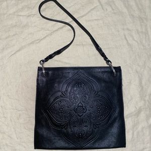 Brighton Women's Piper Handbag Purse Black Embossed Leather Tassled Shoulder Bag